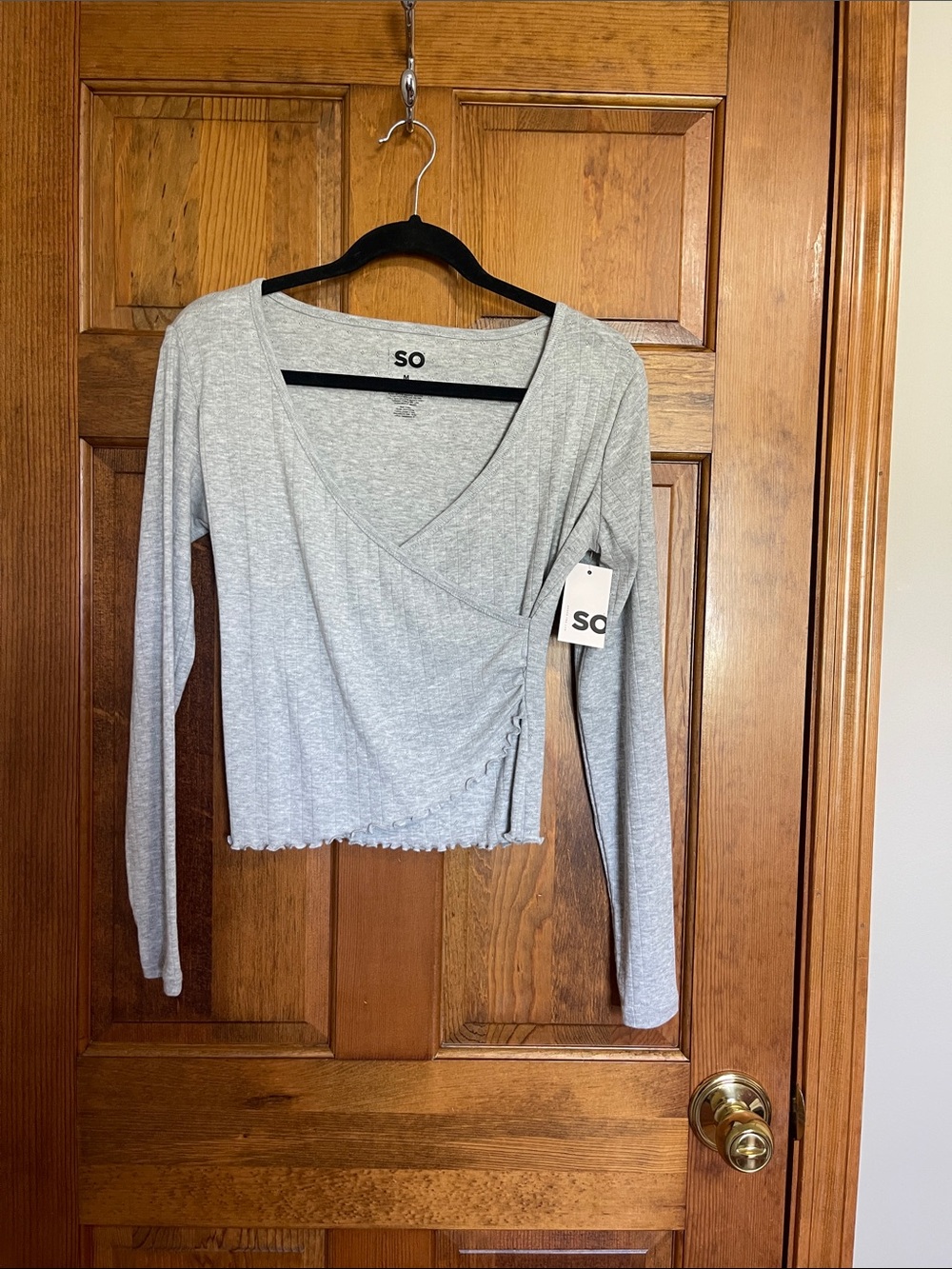 SO Light Gray Wrap-Front Long Sleeve Crop Top